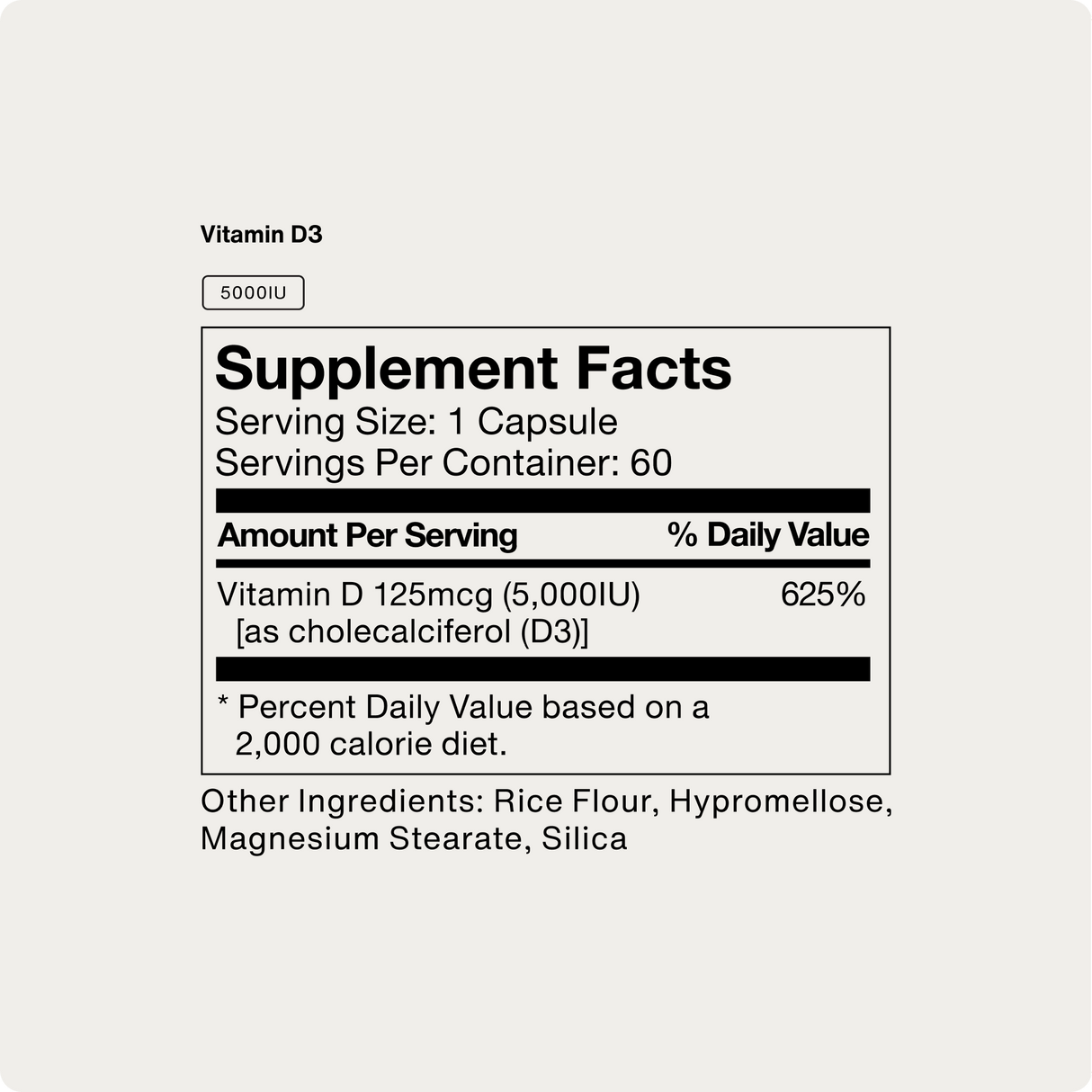 Momentous Vitamin D3 5000 IU supplement facts label highlights 5000 IU per serving to support immune function and bone strength. Other ingredients: rice flour, hypromellose, magnesium stearate, and silica. Brand: Momentous.