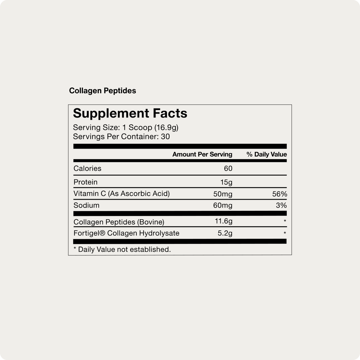 Supplement facts label for Momentous Collagen Peptides by Momentous, featuring nutrition info per 1 scoop (16.9g): calories, protein, vitamin C, sodium, and collagen from grass-fed bovine for effective joint support.
