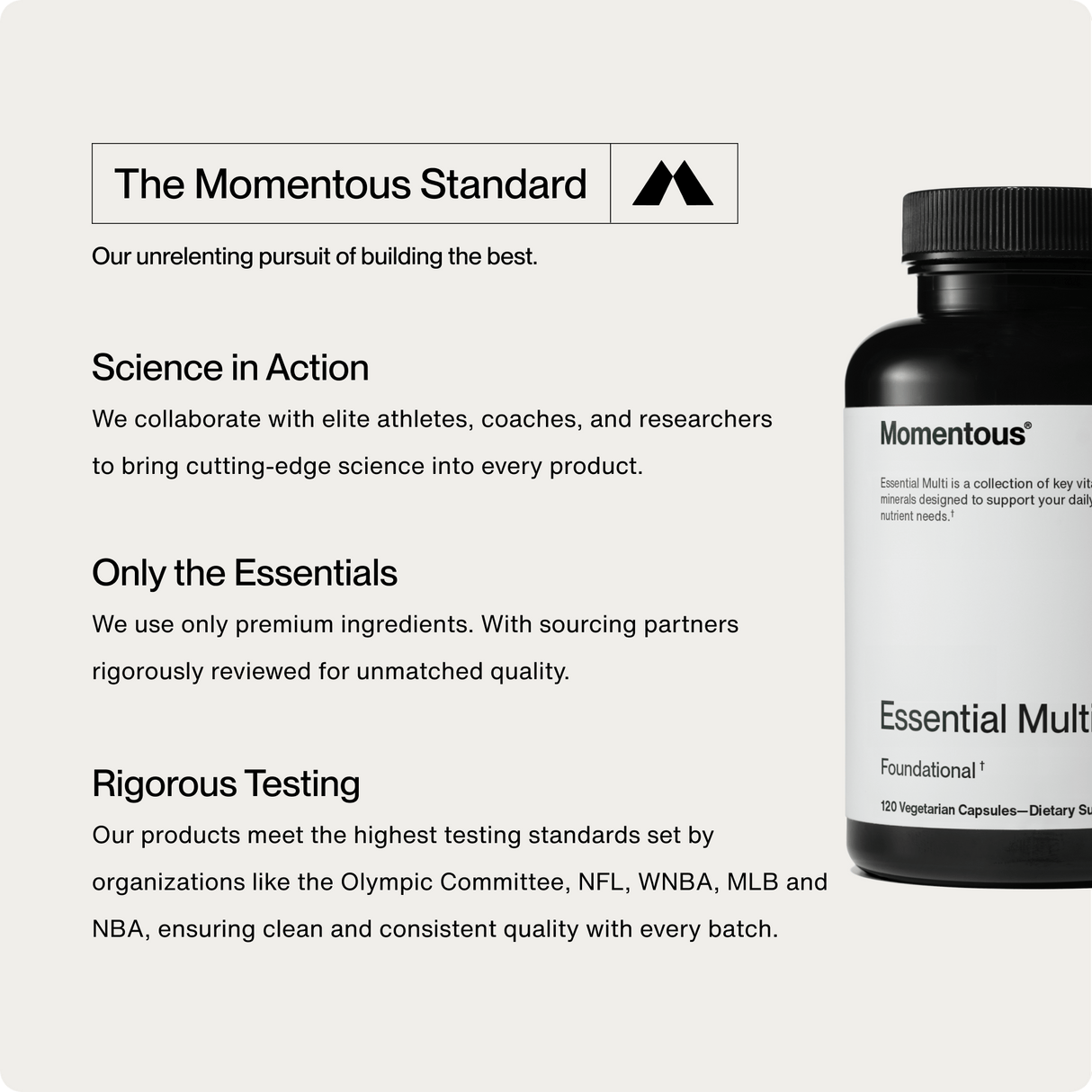 An infographic for Momentous Multivitamin by Momentous, showcasing key vitamins, immune support, strict quality testing, and partnerships with top sports organizations.