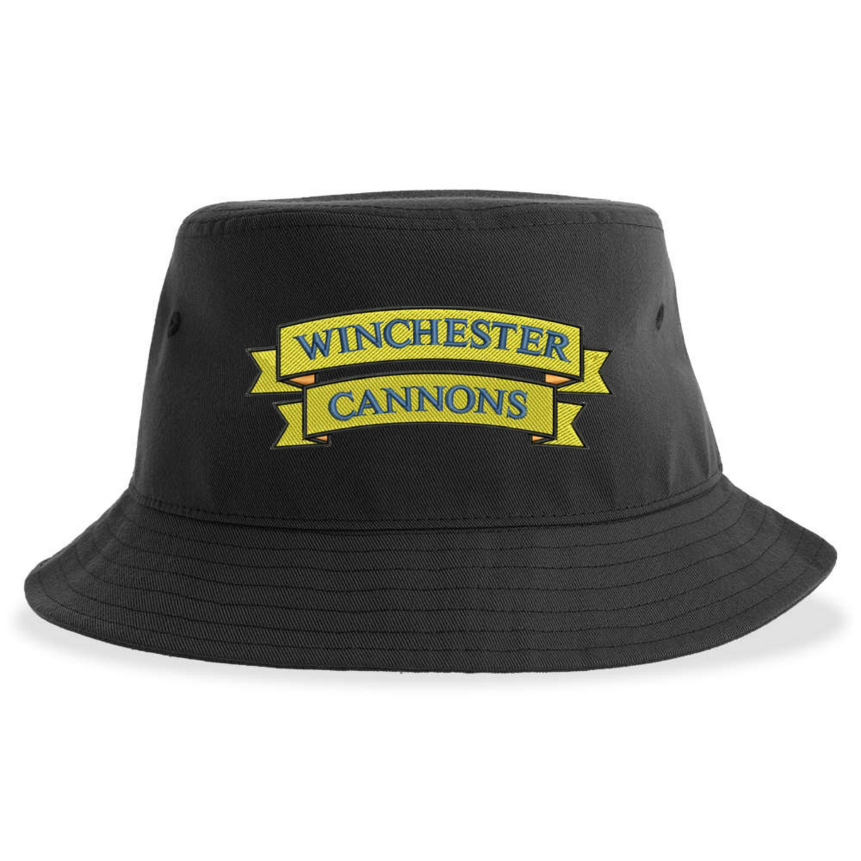 The Winchester Cannons Sustainable Bucket Hat by EMB S&S Activewear is a black unstructured hat with a gold and blue ribbon and "WINCHESTER CANNONS" on the front, made from recycled polyester.