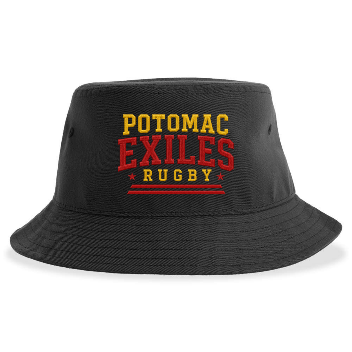 The Potomac Exiles Rugby Club Sustainable Bucket Hat by EMB S&S Activewear is a black, unstructured bucket hat featuring "Potomac Exiles Rugby" embroidered in yellow and red on the front. Made from recycled polyester, it combines comfort with eco-conscious style.