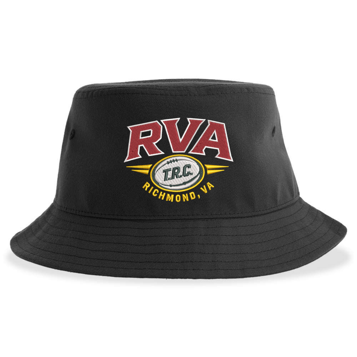 Introducing the RVA T.R.C. Sustainable Bucket Hat by EMB S&S Activewear—a black unstructured hat crafted from recycled polyester. This eco-friendly bucket hat showcases “RVA” in bold red letters above a rugby ball, featuring “T.R.C. Richmond, VA” in vibrant yellow. Enjoy comfort and style while supporting sustainable practices with this standout accessory.