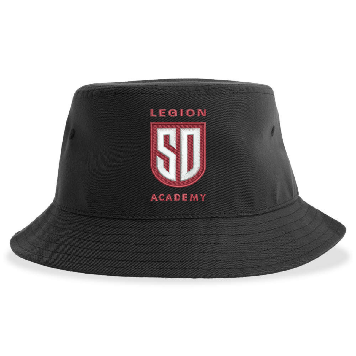 Black recycled polyester Legion Academy Sustainable Bucket Hat featuring a red and white crest logo with the text “LEGION ACADEMY” and “SD” in the center.