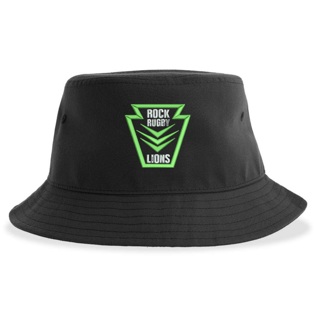 Black Rock Rugby Sustainable Bucket Hat featuring a shield-shaped logo that reads “ROCK RUGBY LIONS” in green and white.