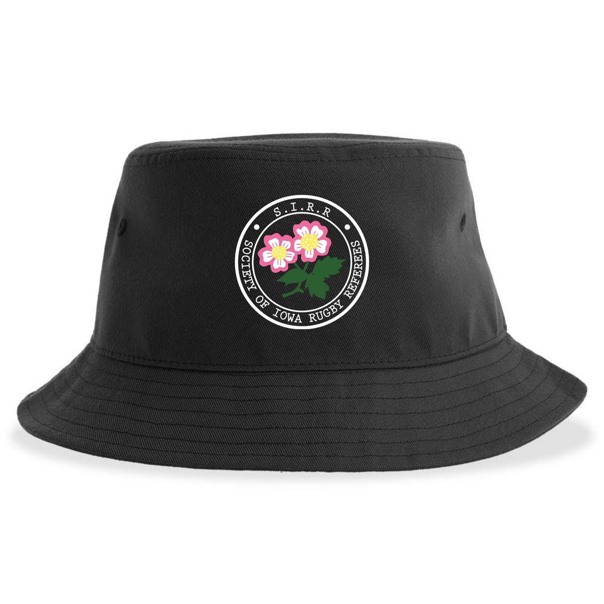 The Society of Iowa Rugby Referees Sustainable Bucket Hat by EMB S&S Activewear features a circular patch adorned with pink flowers, green leaves, and the phrase “S.T.R.R. Women of Iowa Rugby Neverdies.” Crafted from recycled polyester for comfort and eco-conscious style, this black bucket hat is perfect for casual outdoor wear.