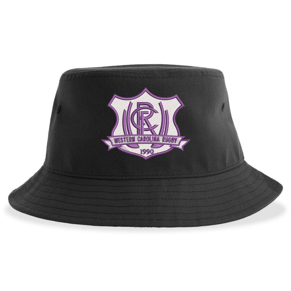 Western Carolina University Sustainable Bucket Hat in black, featuring a purple and white emblem that reads “Western Carolina Rugby 1990.”