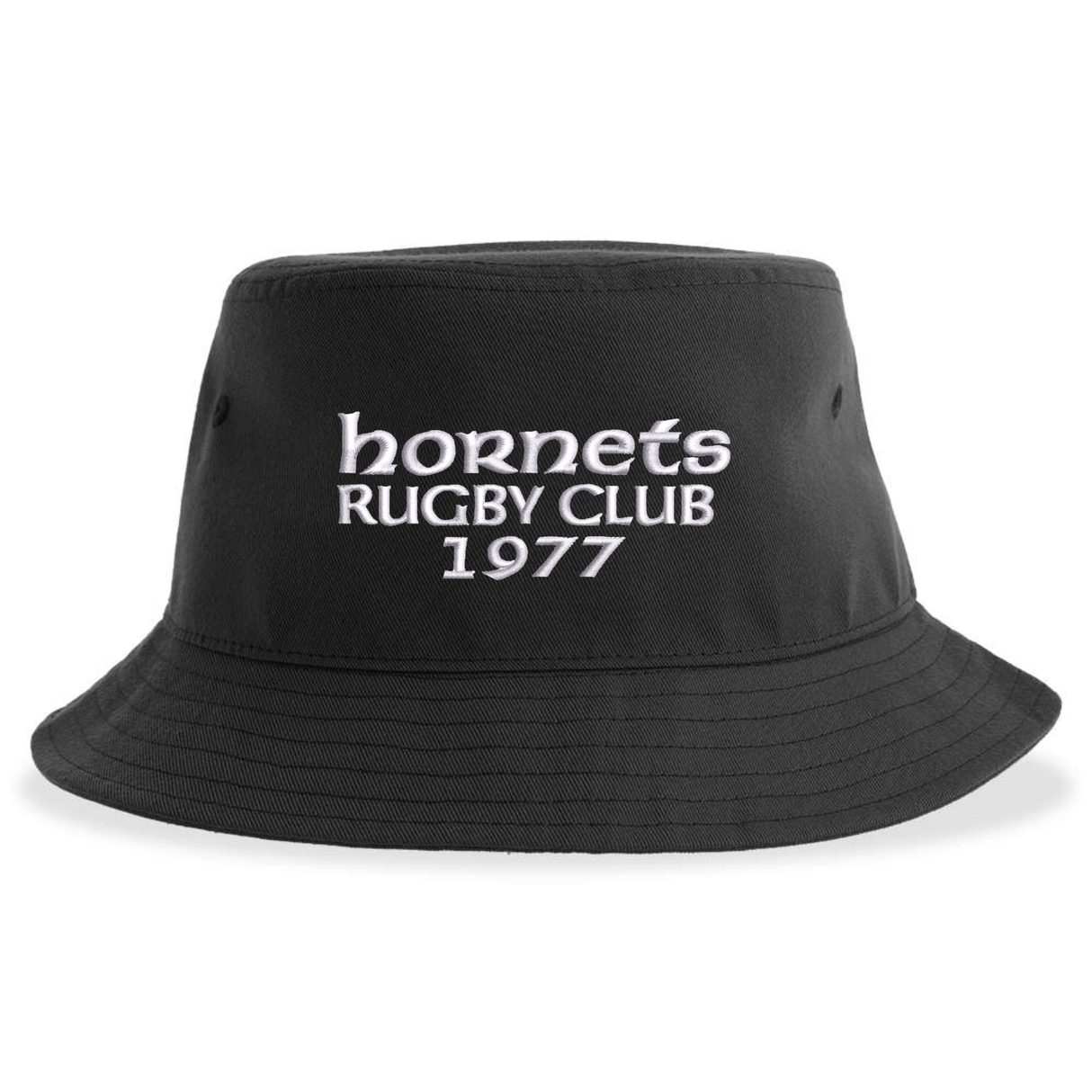 Introducing the Hornets Rugby Club 1977 Sustainable Bucket Hat by EMB S&S Activewear—a black casual bucket hat featuring "hornets RUGBY CLUB 1977" embroidered in white on the front, crafted from recycled polyester for a stylish and eco-friendly accessory.