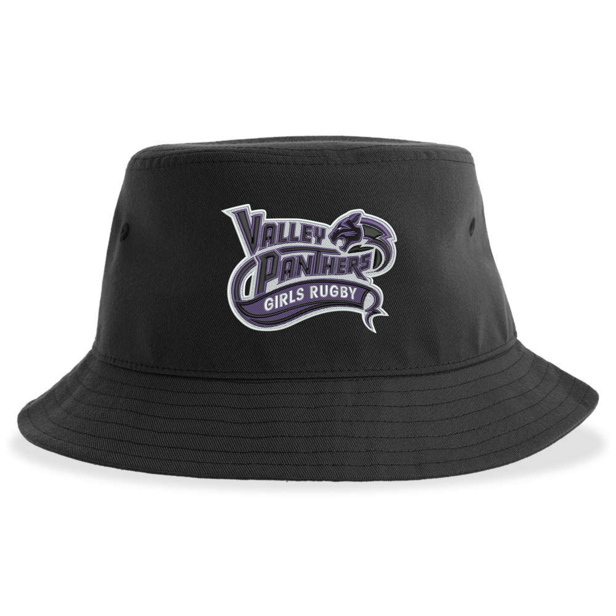 The Valley Panthers Girls Rugby Sustainable Bucket Hat by EMB S&S Activewear features a purple and white “Valley Panthers Girls Rugby” logo on the front—an eco-friendly, casual outdoor hat ideal for any fan.