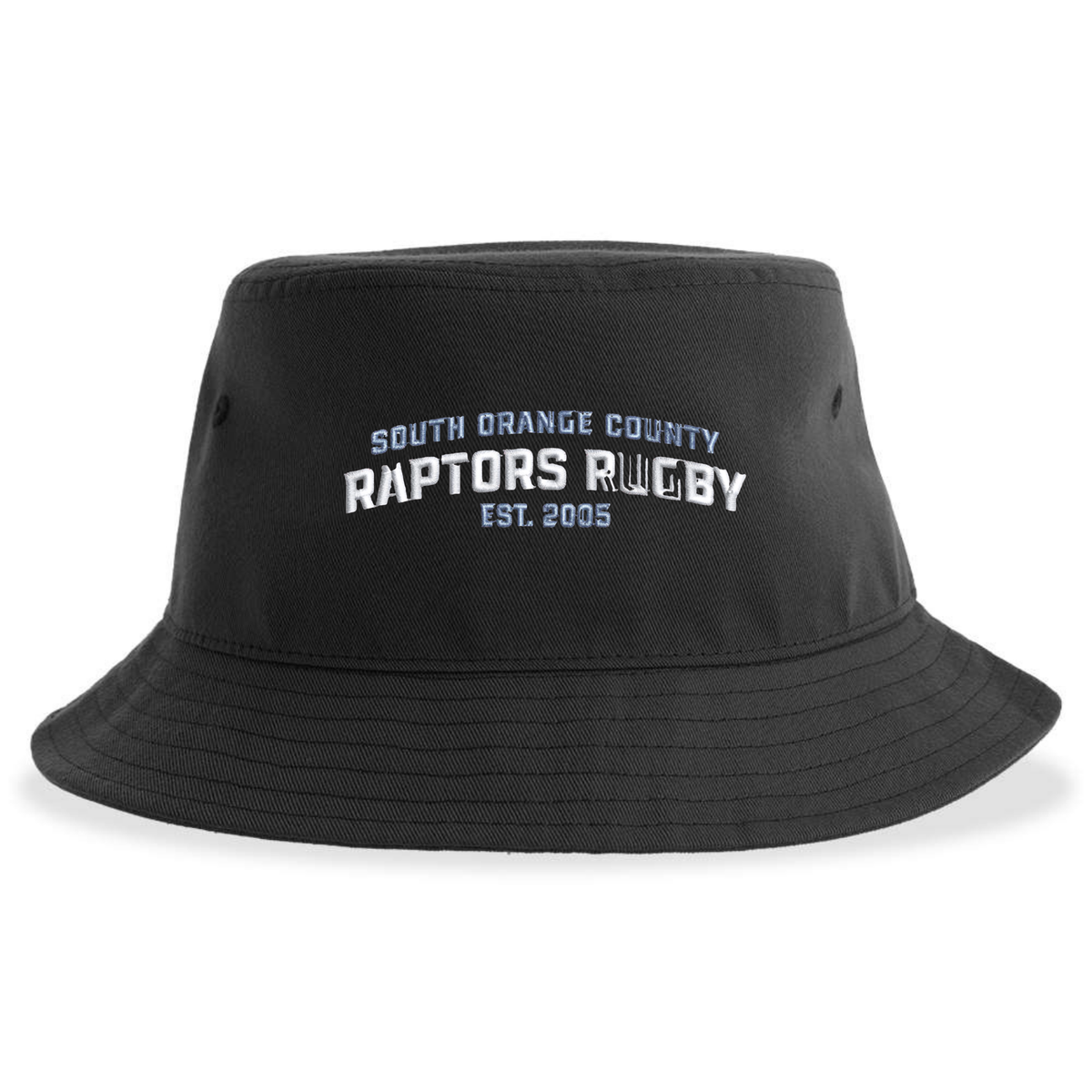 Introducing the South Orange County Raptors Sustainable Bucket Hat by EMB S&S Activewear—a black unstructured bucket hat featuring “South Orange County Raptors Rugby Est. 2005” embroidered in white and blue text on the front. Made from recycled polyester, this eco-friendly hat combines sustainable style with comfortable, everyday wear.