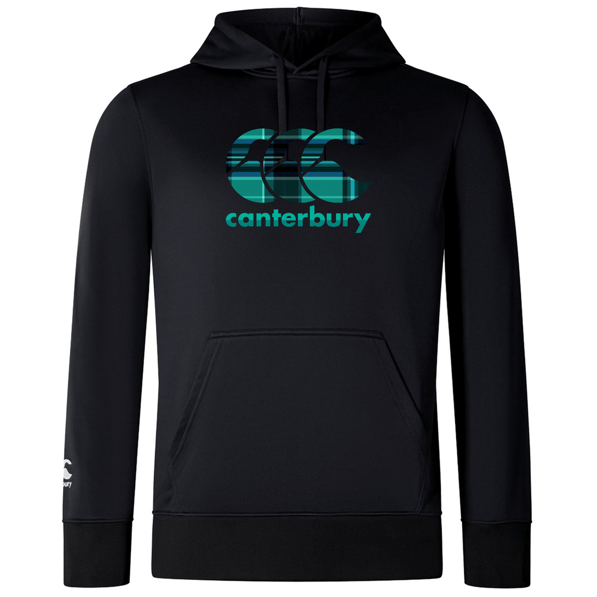 The Canterbury Tartan CCC Club Lightweight Hoodie by WRS Canterbury is a lightweight black hoodie with a teal CCC Kiwi tartan logo, featuring a cozy hood and kangaroo pocket.