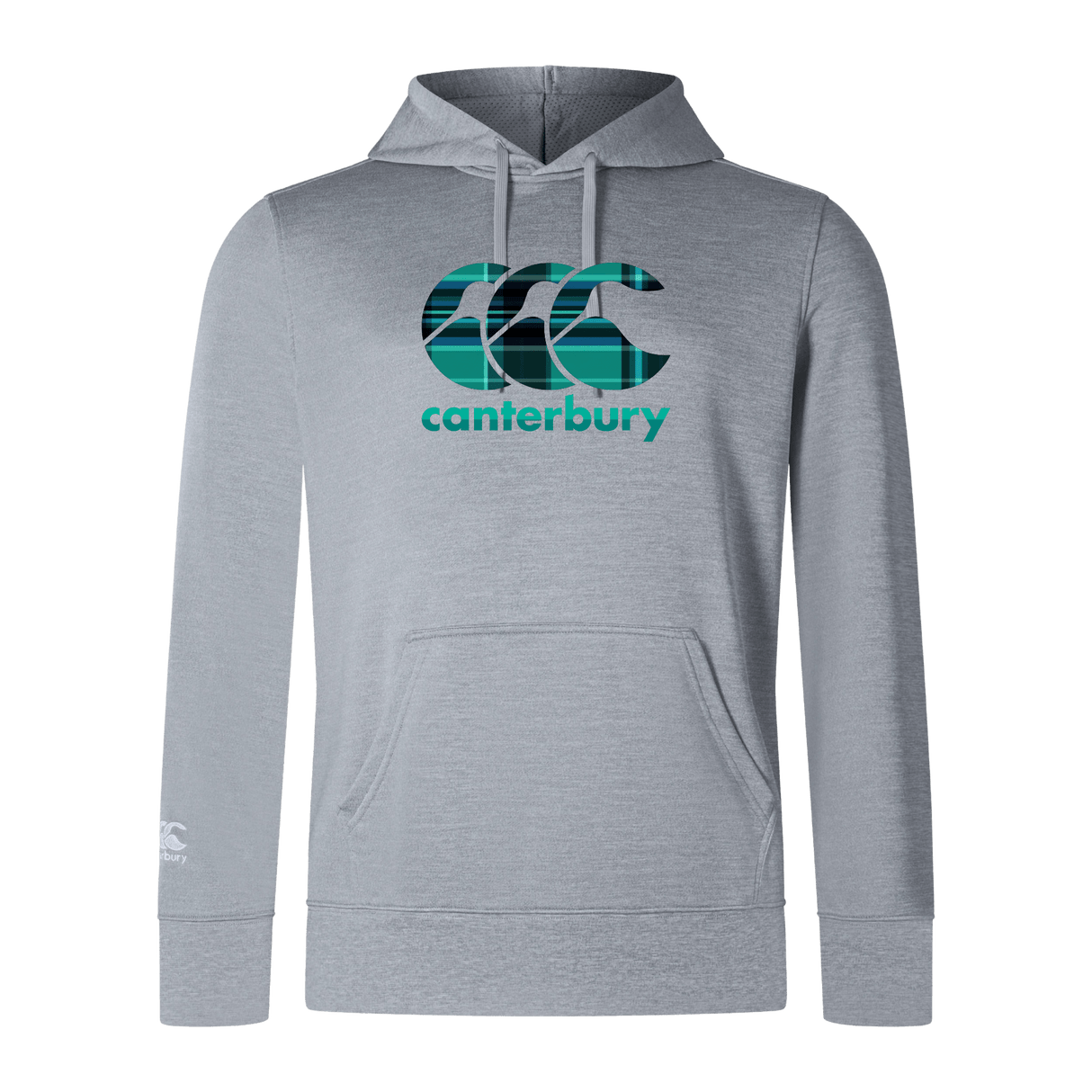 Lightweight gray hoodie with a front pocket, featuring the Canterbury logo in green and black on the chest. The product is the Canterbury Tartan CCC Club Lightweight Hoodie by WRS Canterbury.