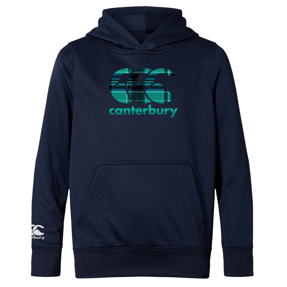 The WRS Canterbury Tartan CCC Club Lightweight Hoodie in navy blue showcases the Kiwi tartan logo on the chest and sleeve, with a front pocket and adjustable hood.