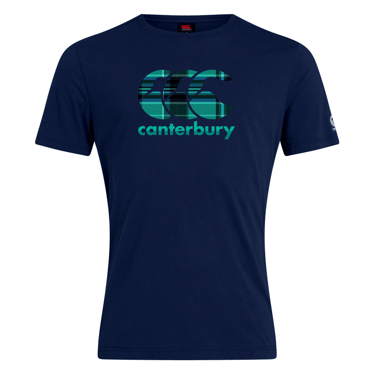 Navy blue Canterbury CCC Tartan Club Plain T-Shirt by WRS Canterbury, featuring a large "CCC" logo and "Canterbury" in teal on the front, celebrating rugby pride.