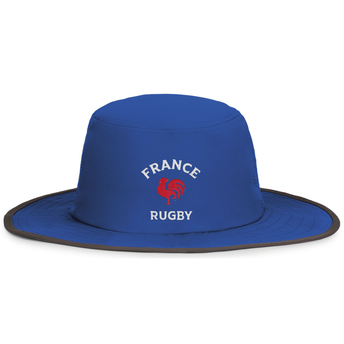 The EMB Augusta Nations of Rugby France Rugby Legend Boonie Cap is a blue wide-brim hat with "FRANCE RUGBY" text and a red rooster emblem—ideal for any rugby supporter.
