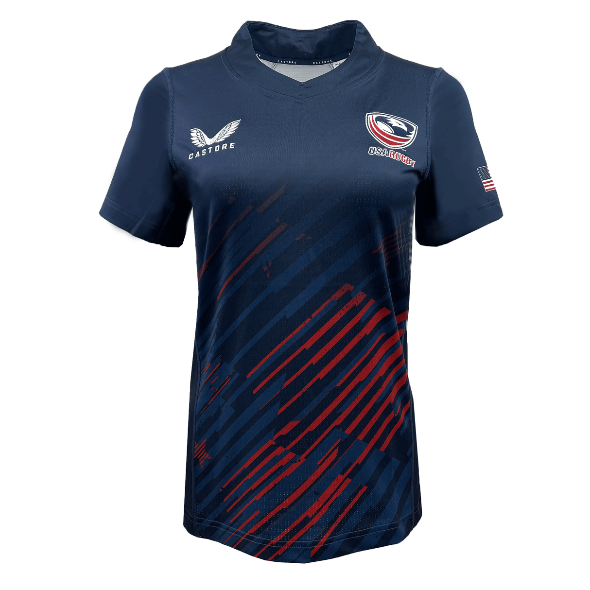 The Women's USA Rugby 24/25 Pro Home Jersey by Castore features navy blue with red diagonal stripes, Castore branding on the right chest, team logo on the left chest, and an American flag patch on the left sleeve—ideal for passionate rugby fans.