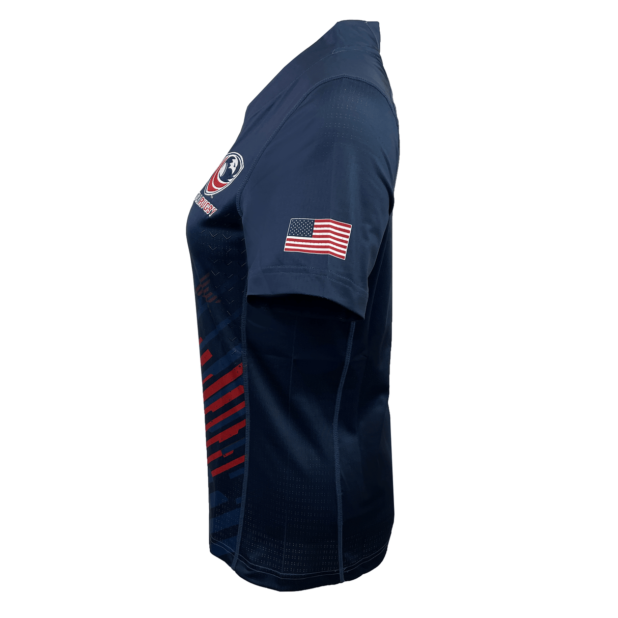 Women's USA Rugby 24/25 Pro Home Jersey by Castore in navy blue, with an American flag patch on the sleeve and red graphic side stripes. Shown from the side and modeled as the official Pro Home Jersey.