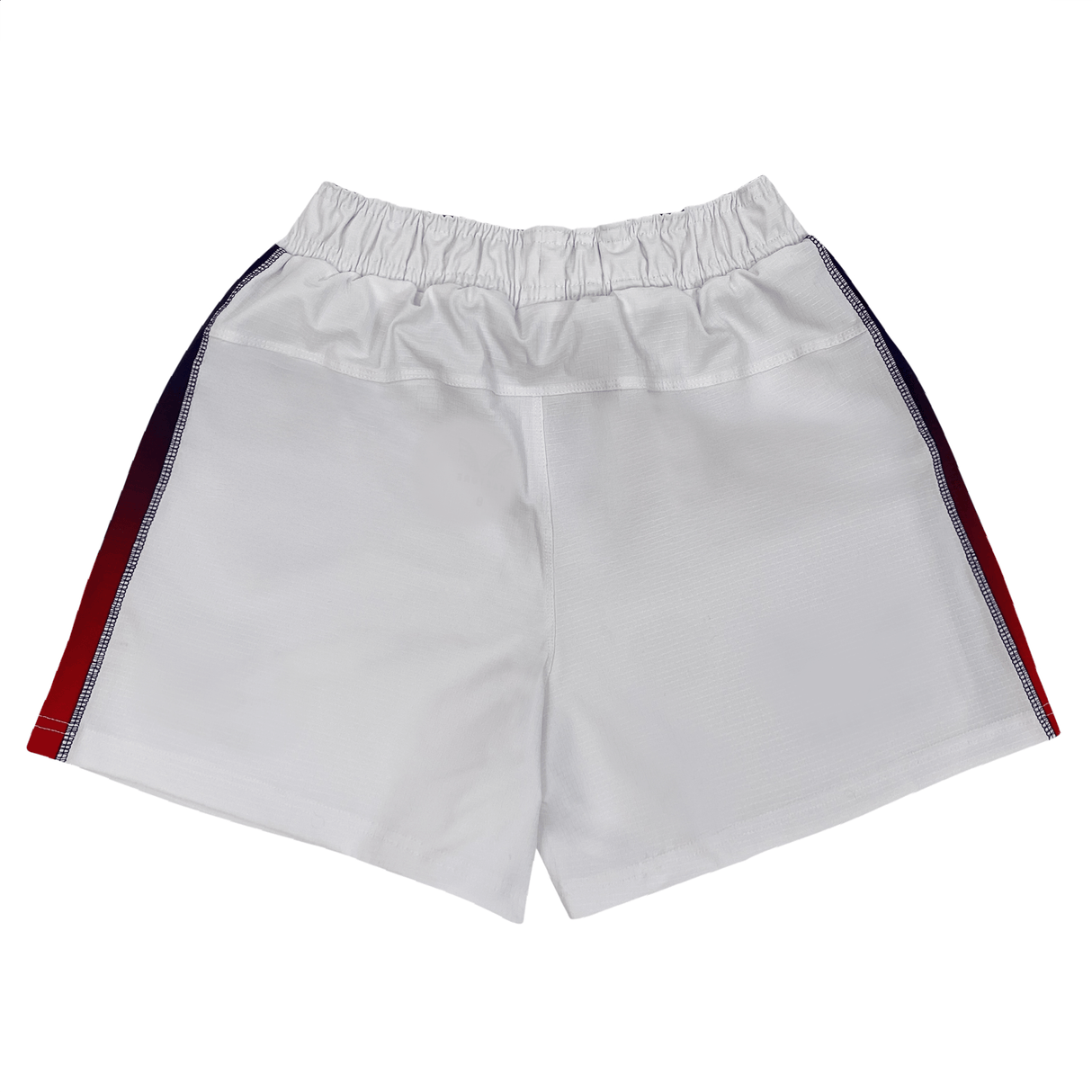 Back view of the Castore USA Rugby 22/23 Pro Home Short, with an elastic waistband and red-black side stripes—ideal fan gear for any rugby supporter.