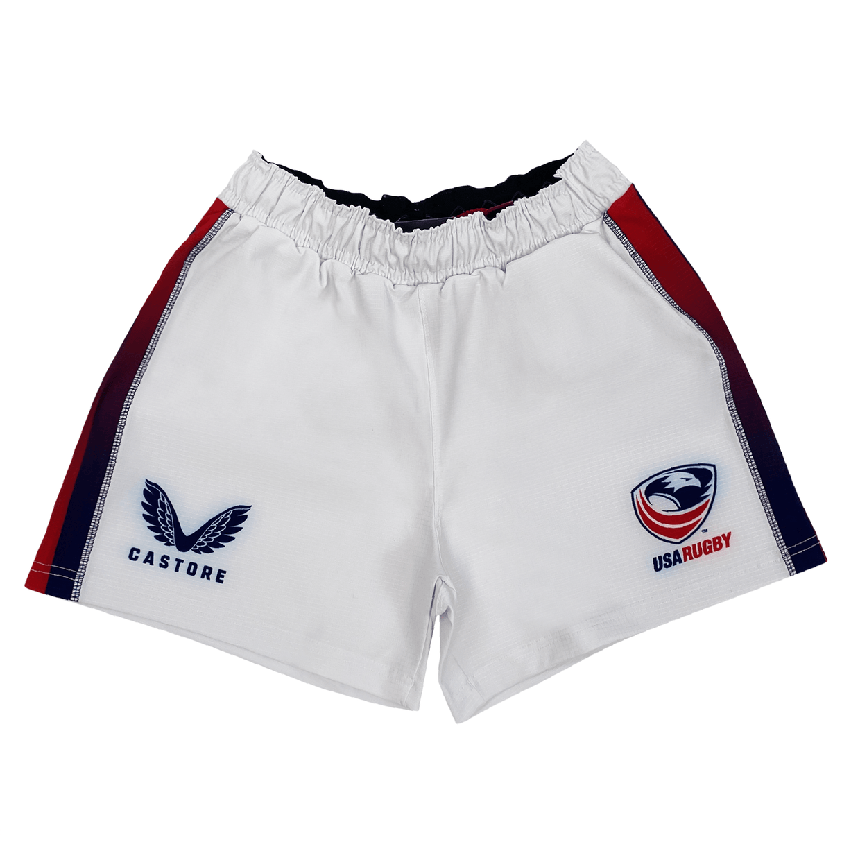 Support USA Rugby in the 22/23 Pro Home Shorts by Castore, featuring moisture-wicking fabric, the Castore logo on the left leg, eagle logo on the right, and striking red and blue side panels—ideal gear for any rugby fan.
