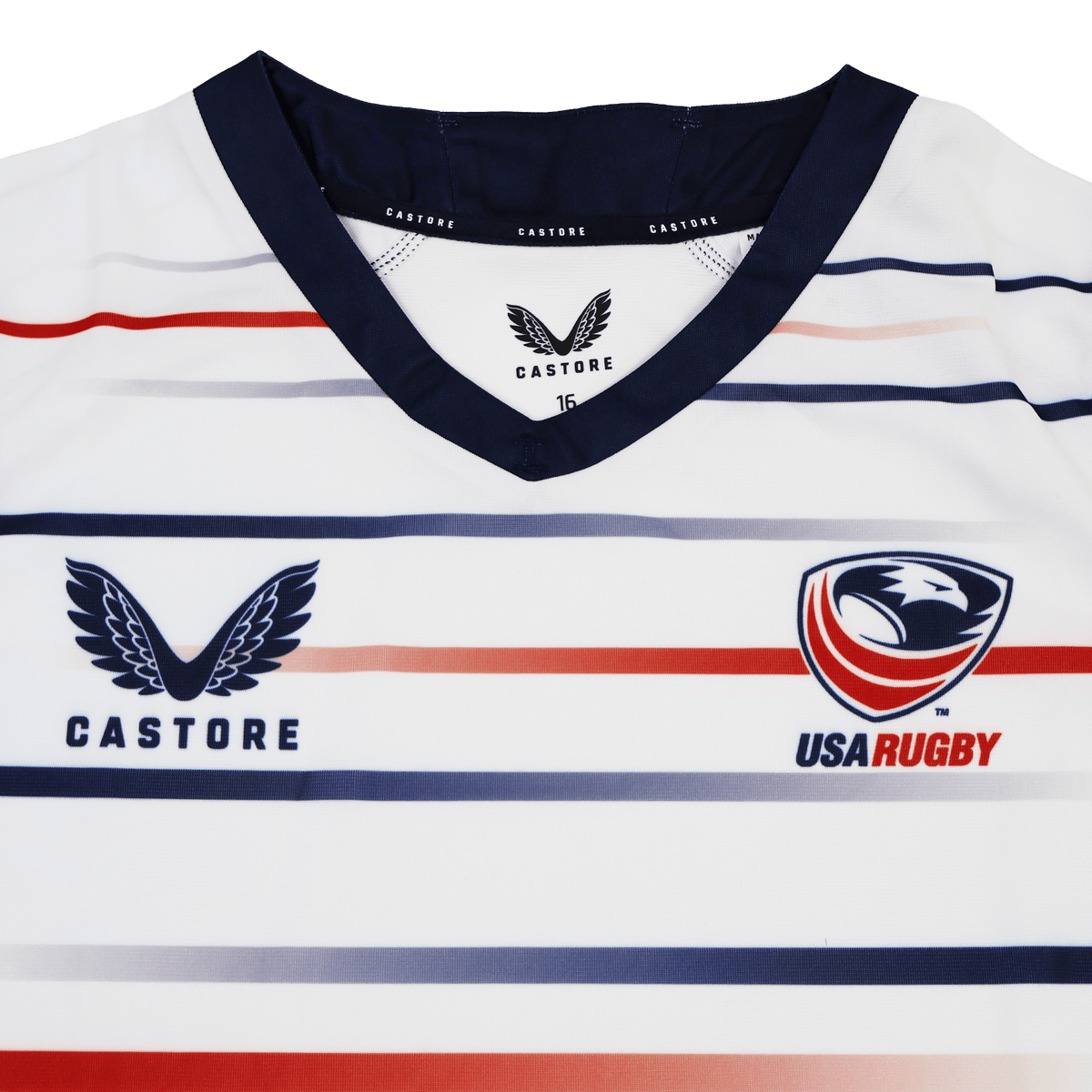The Women's USA Rugby Replica Home Jersey 22/23 by Castore features horizontal red and blue stripes, the Castore logo, and USA Rugby emblem—ideal for fans and players seeking an authentic women's rugby jersey.