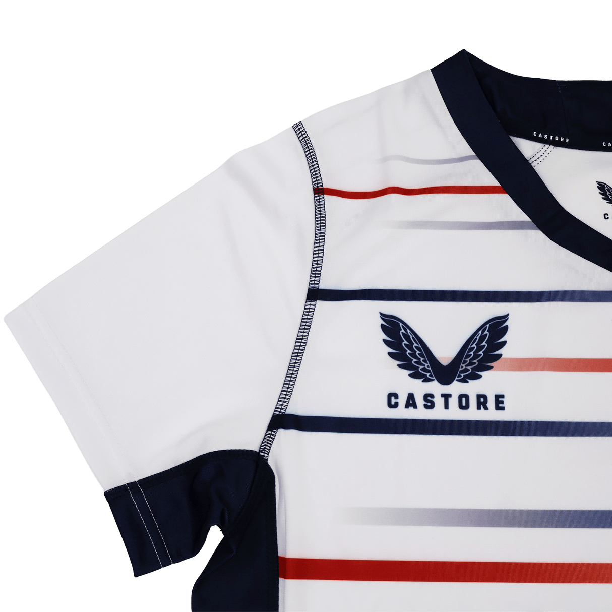 The Women's USA Rugby Replica Home Jersey 22/23 by Castore features red and blue stripes, navy trim, and the signature wings logo—ideal as a stylish women's rugby jersey or to show your USA Rugby pride.