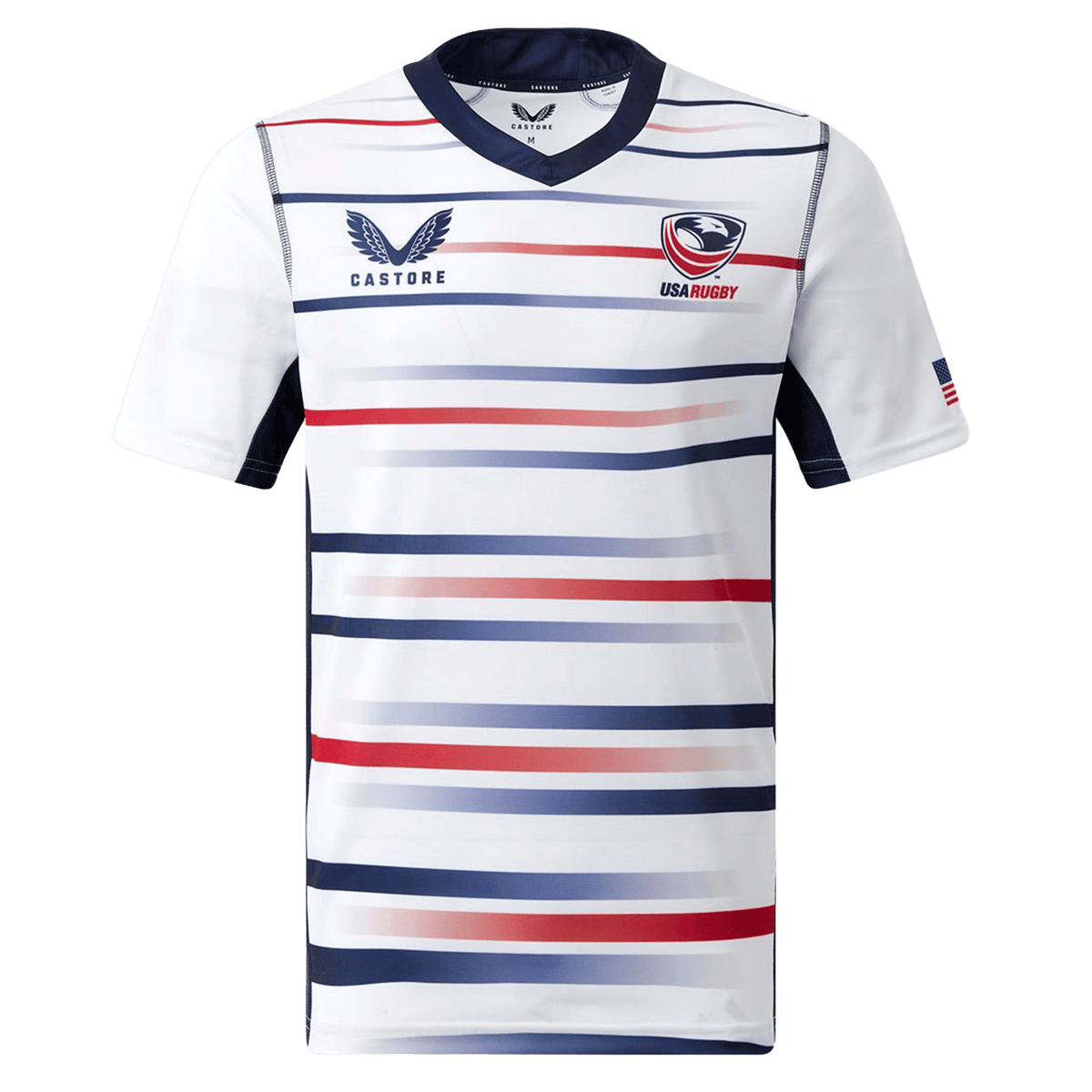 The Women's USA Rugby Replica Home Jersey 22/23 by Castore features horizontal red, navy, and gray stripes, USA Rugby chest logos, and an American flag on the sleeve.