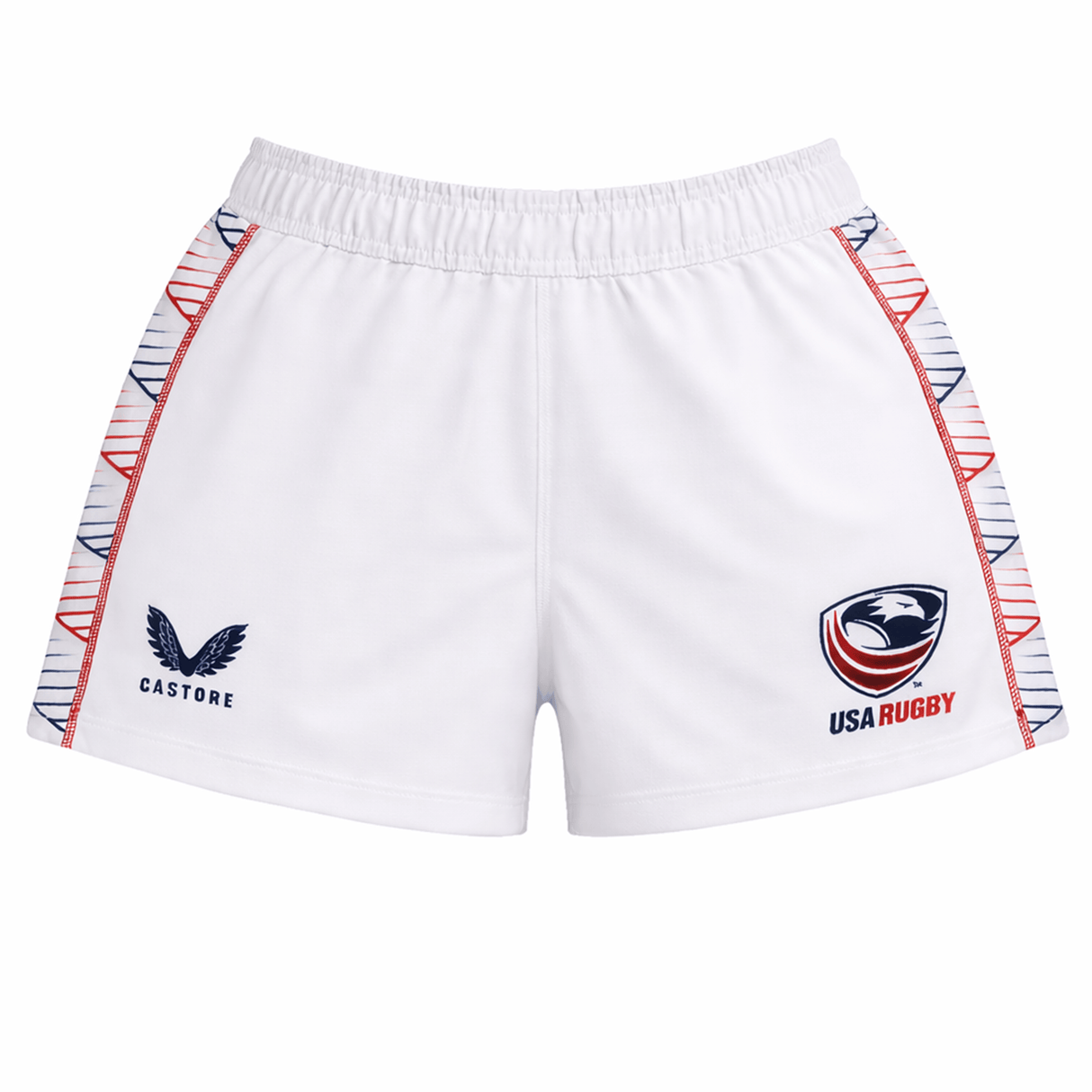 Women's USA Rugby 22/23 RWC Home Pro Short by Castore, featuring the USA Rugby logo, Castore branding, and patterned red, white, and blue side panels.