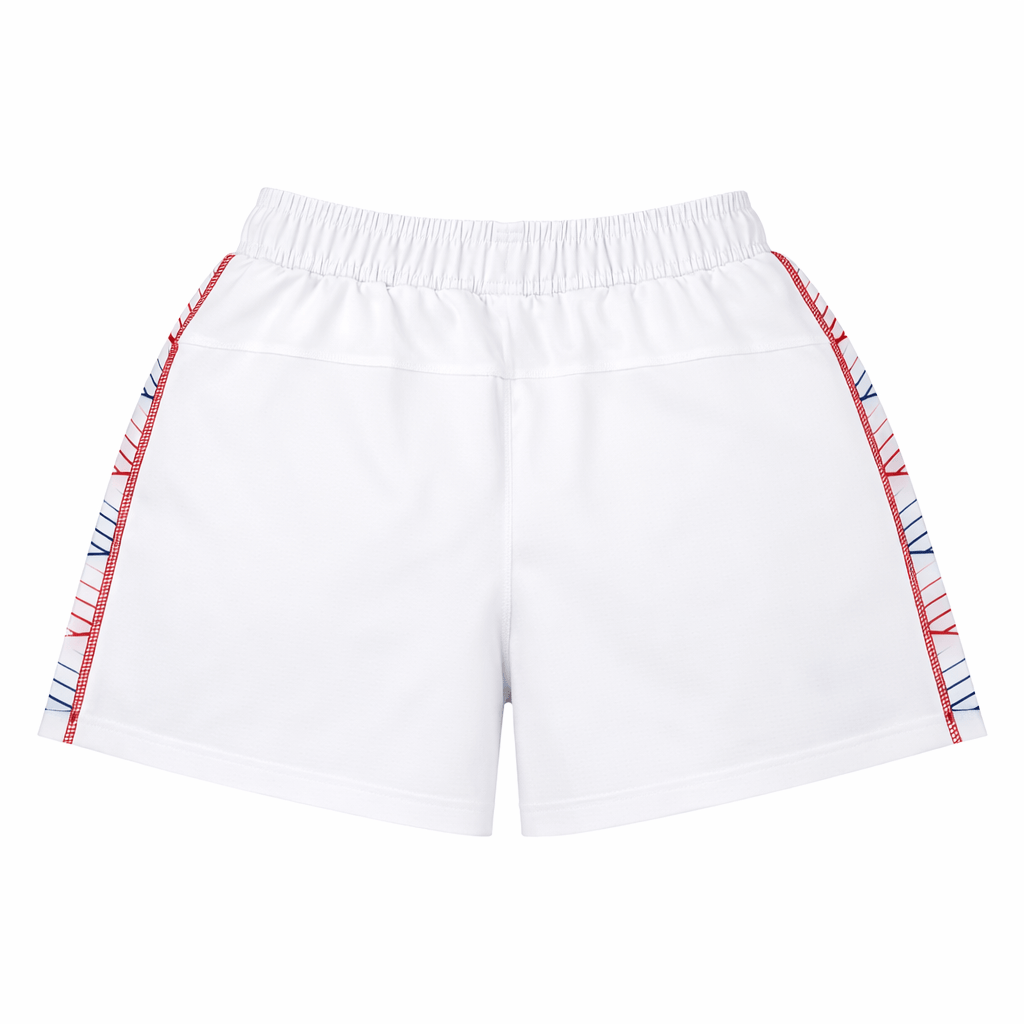 Women's USA Rugby 22/23 RWC Home Pro Short by Castore—white athletic shorts featuring an elastic waistband and red and blue side stripes, shown from the back for a classic look.