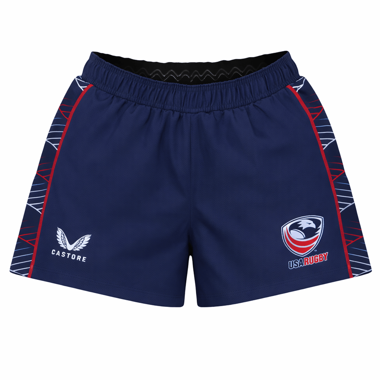 The Women's USA Rugby 22/23 7s RWC Away Pro Short by Castore features navy blue fabric, red and patterned side panels, the USA Rugby logo on the right leg, and the Castore logo on the left.