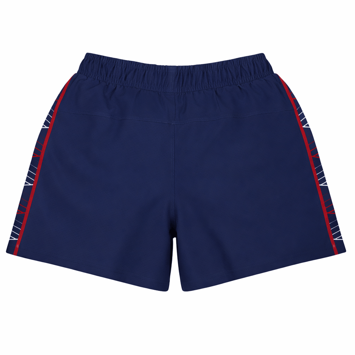 Women's USA Rugby 22/23 7s RWC Away Pro Short by Castore—navy blue athletic shorts with an elastic waistband and patterned red and white side stripes, inspired by USA Rugby, shown on a white background.