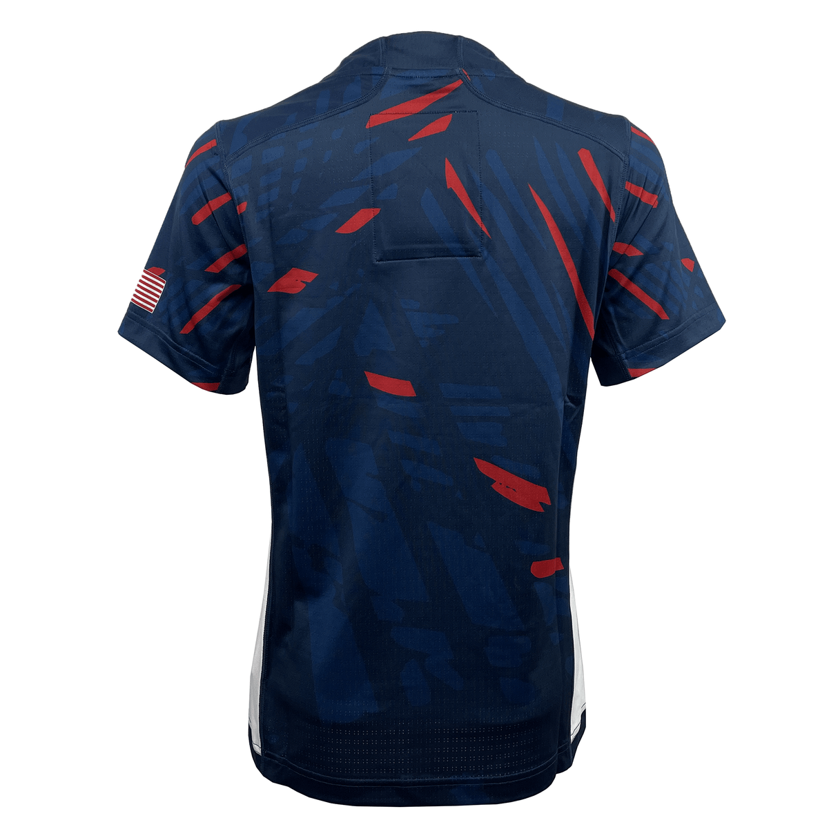 The Women's USA Rugby 23/24 Pro Home Jersey by Castore features a navy blue design with red and dark blue abstract patterns, white side panels, and a small American flag on the right sleeve, shown from the back.