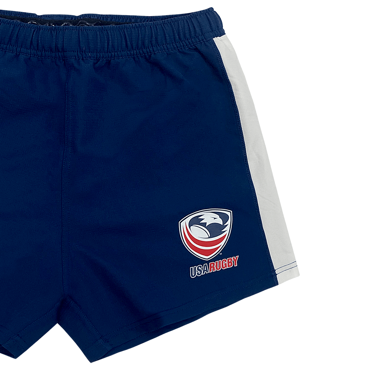 Show your support in Women's USA Rugby 23/24 Pro Home Shorts by Castore—navy blue with a white side panel and a "USA Rugby" eagle logo on the left leg.
