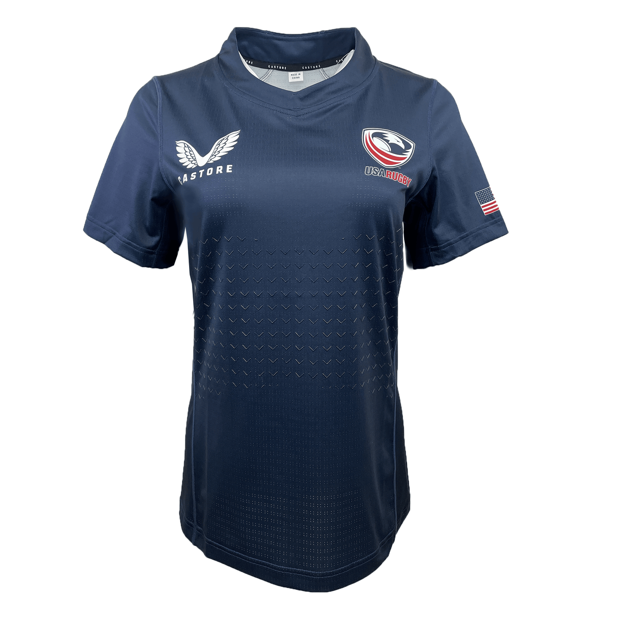 Show your support with the Women's USA Rugby 23/24 Training Jersey by Castore—a navy blue short-sleeve shirt featuring a white Castore logo, USA Rugby crest, and American flag patch on the right sleeve; ideal for any rugby fan.