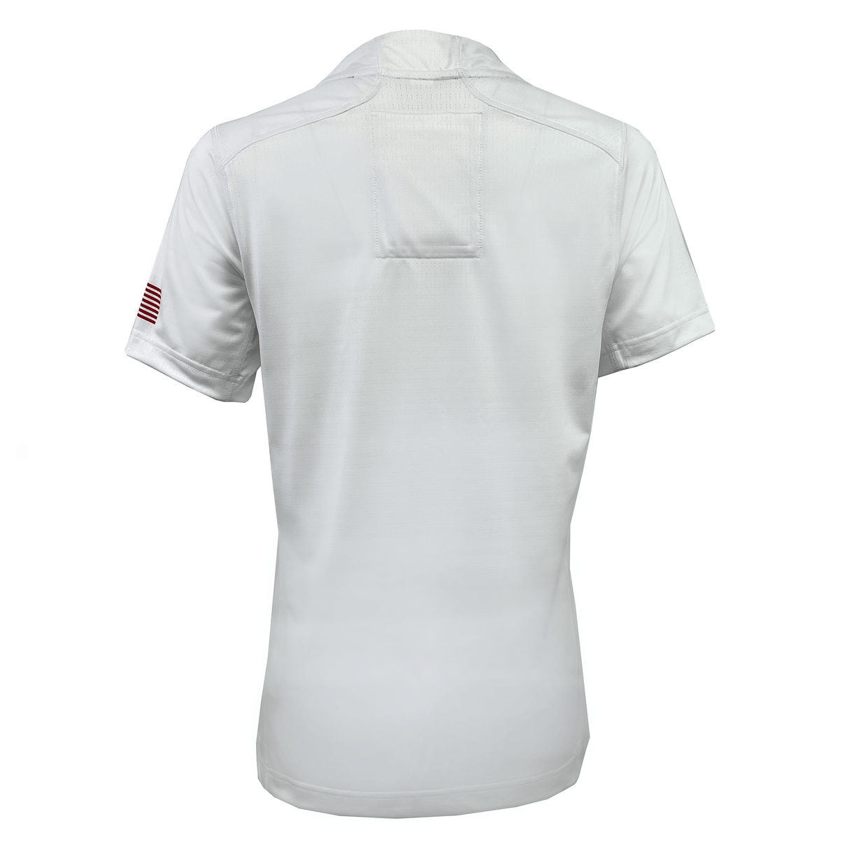 The Women's USA Rugby 23/24 Training Jersey by Castore is a plain white short-sleeve shirt, shown from the back, and features a small American flag patch on the right sleeve.