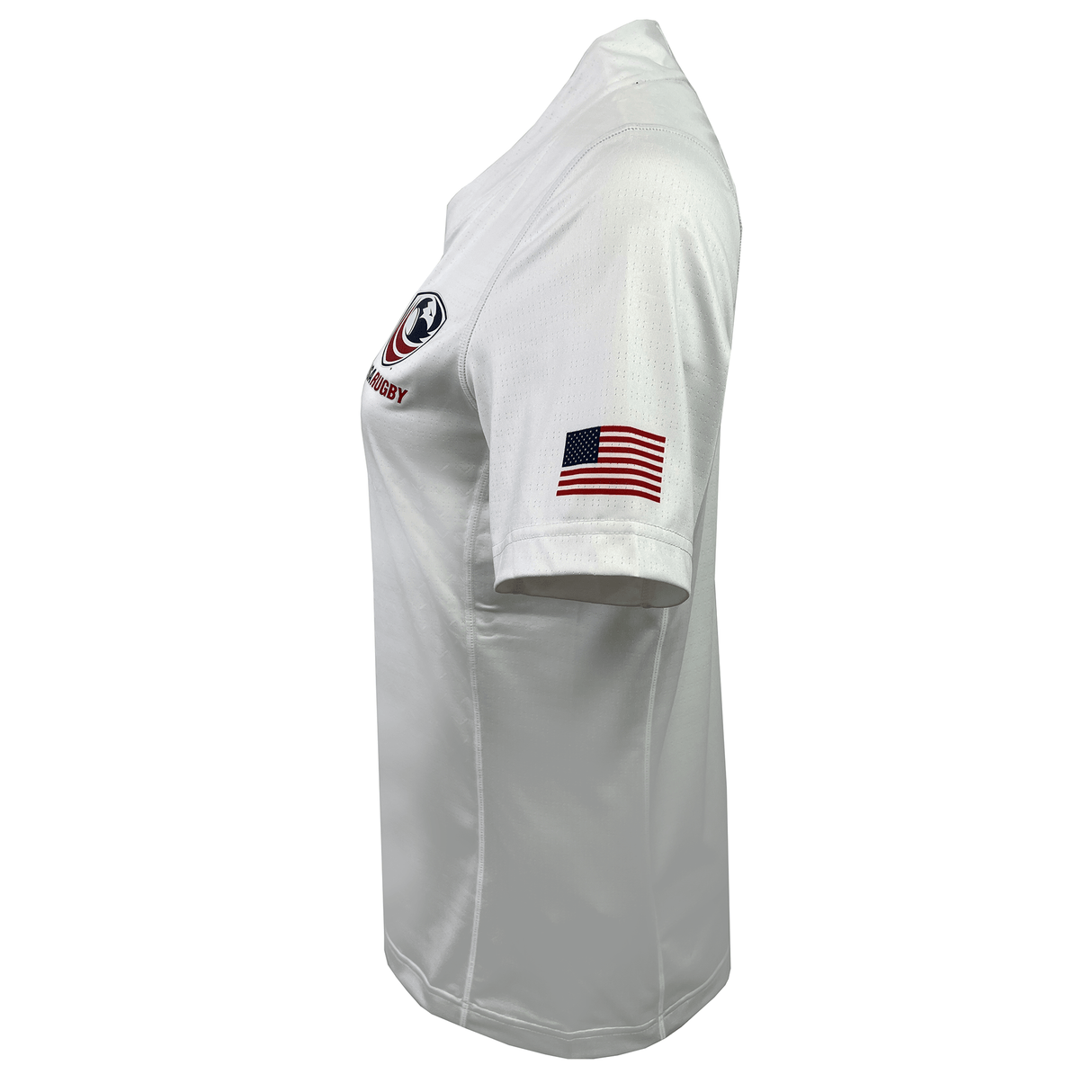 The Castore Women's USA Rugby 23/24 Training Jersey features short sleeves, a flag patch on the right sleeve, and a circular chest logo—ideal for training. Displayed on a white background.