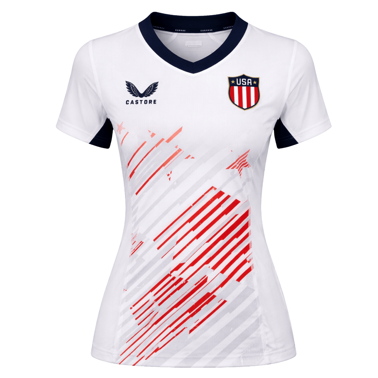 The Women's USA Rugby 7s Olympic Pro Away Jersey by Castore features a white design with a navy collar, USA shield crest, Castore logo, and red diagonal stripes—ideal for fans of Olympic Pro and USA Rugby 7s.