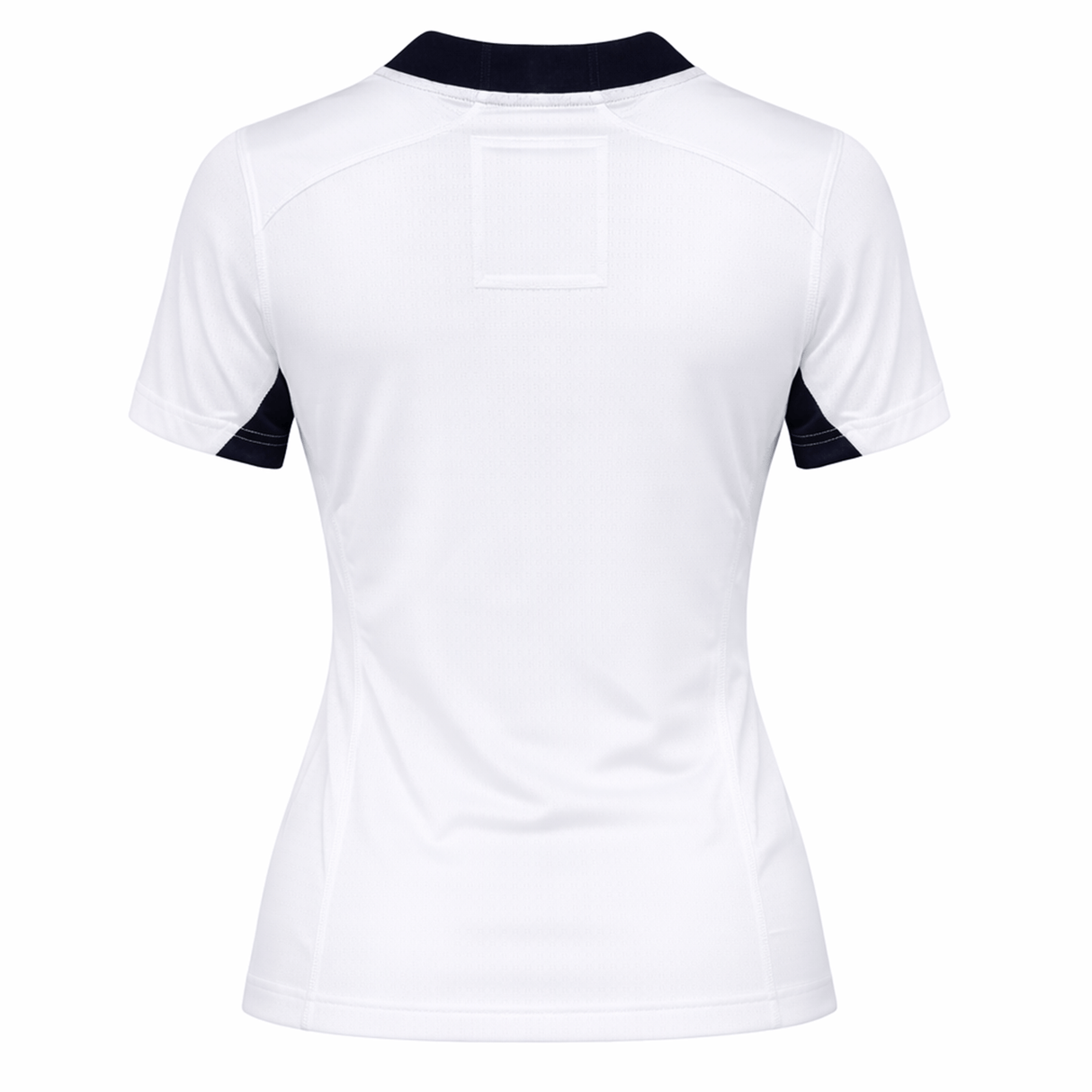 Back view of the Women's USA Rugby 7s Olympic Pro Away Jersey by Castore, a white short-sleeve rugby jersey with black collar and sleeve cuffs, displayed on a plain white background.