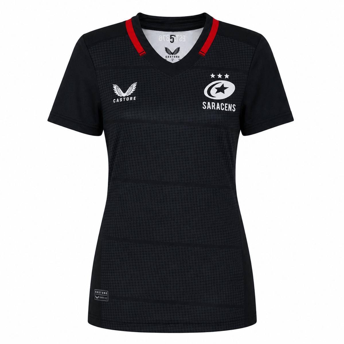 The Women's Saracens 24/25 Home Replica Jersey by Castore features a black design with a subtle checkered pattern, red collar trim, three stars above the team badge, and the Castore logo—ideal for dedicated women's rugby fans.