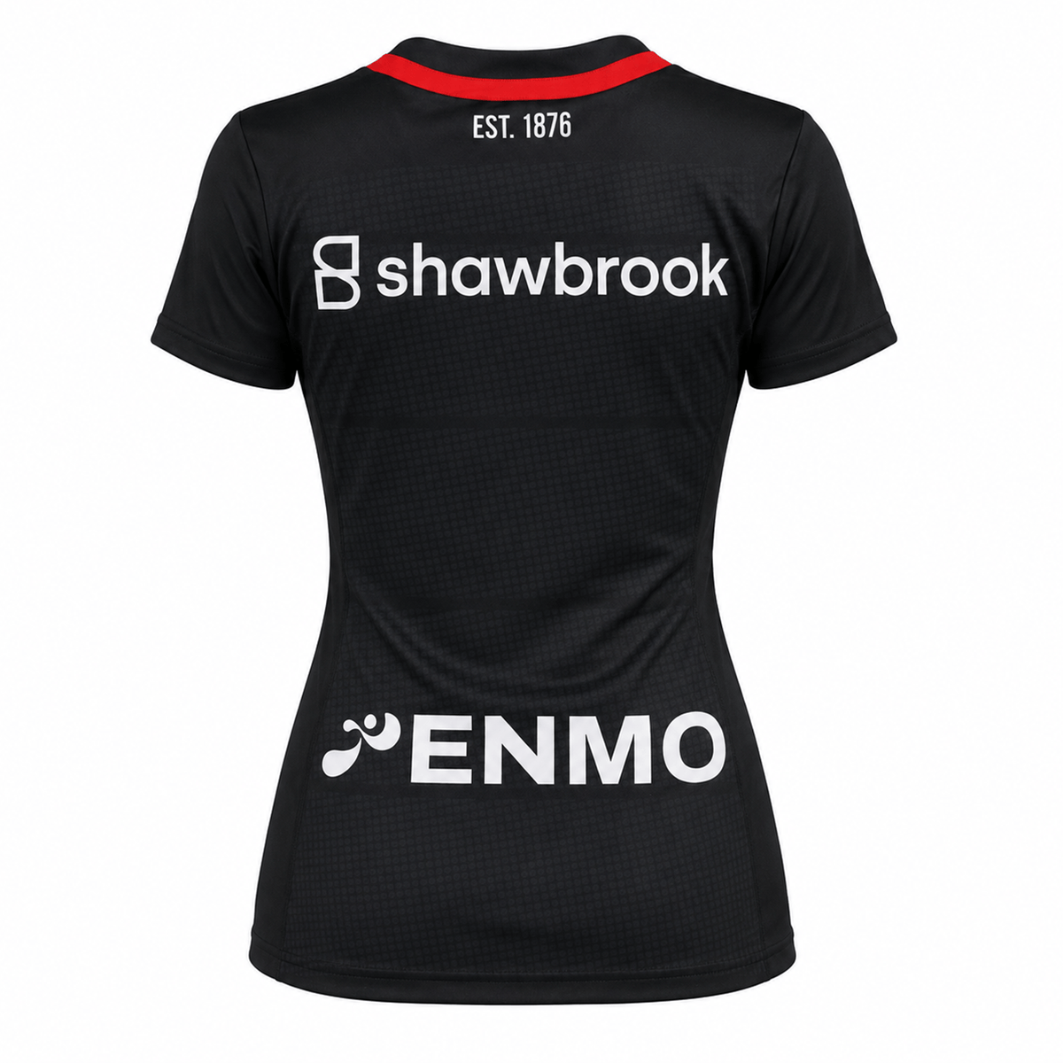 Women's Saracens 24/25 Home Replica Jersey by Castore, black with "shawbrook," "ENMO," and "EST. 1876" in white on the back, features a red collar accent—an official piece from Castore.