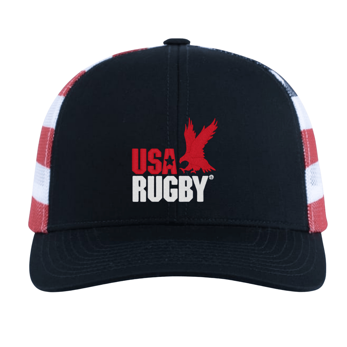 The USA Rugby Throwback Flag Cap by EMB Augusta is a black cap featuring "USA Rugby" and a red eagle logo on the front, plus bold red and white side stripes for a classic rugby look.