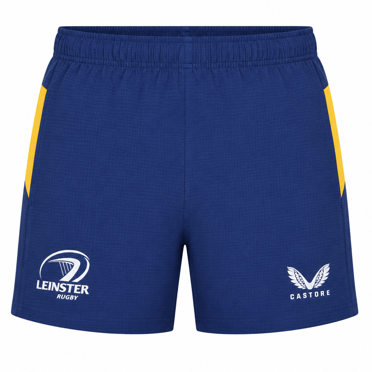 The Leinster 25/26 Home Pro Short by Castore features a blue design with yellow side accents, high-performance ripstop fabric, Leinster Rugby logo on the left leg, and the Castore logo on the right.