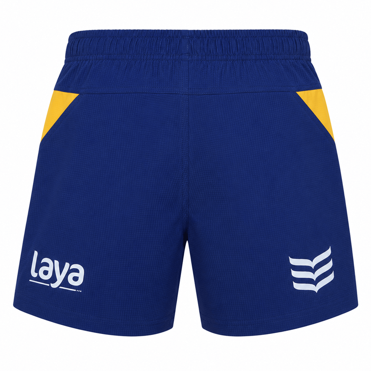 The Castore Leinster 25/26 Home Pro Short features blue ripstop fabric, yellow side accents, an elastic waistband, and white "laya" and three-chevron logos—high-performance shorts inspired by classic Leinster rugby designs.