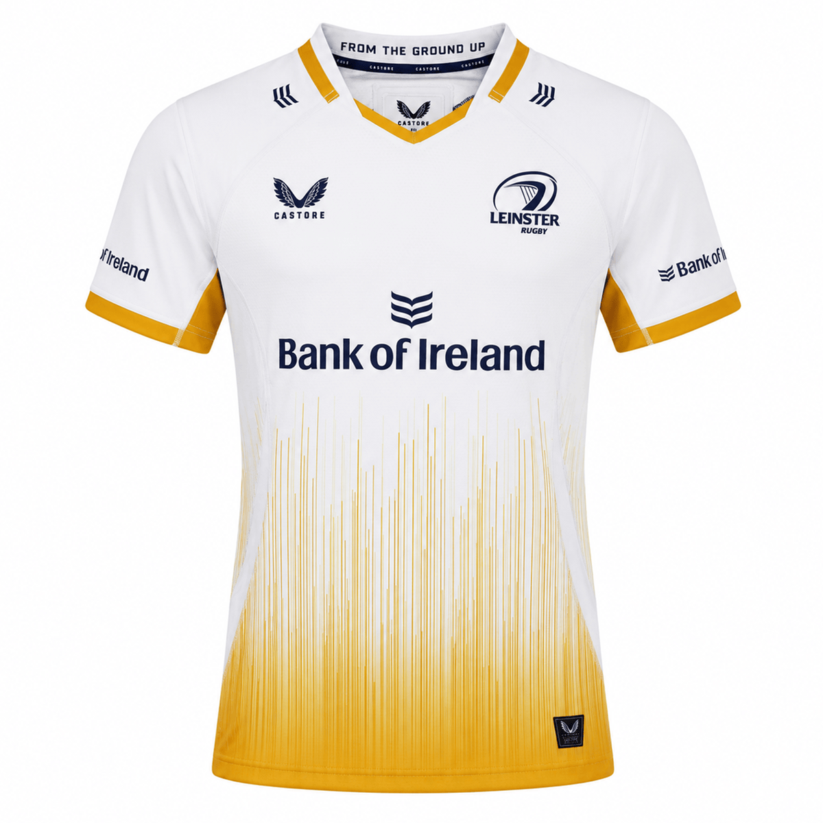 The Leinster 25/26 Away Pro Shirt by Castore features white and yellow with blue accents, Bank of Ireland sponsor logo, and Castore branding on the chest. Made from high-performance technical fabric for a professional-grade jersey.