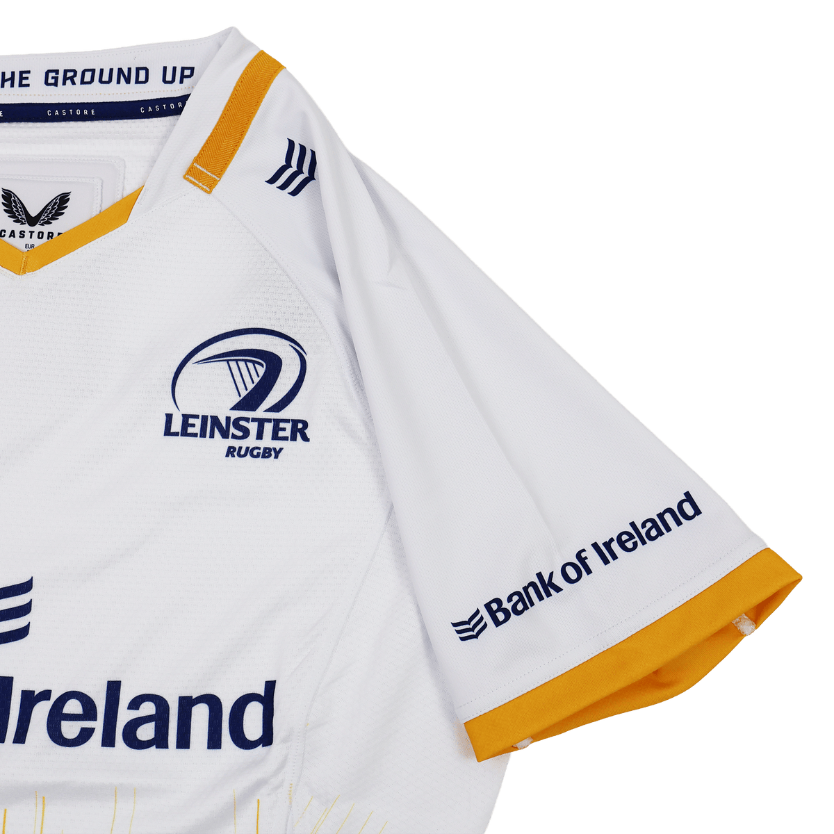 The Leinster 25/26 Away Pro Shirt by Castore is a pro-grade white jersey with yellow trim, made from technical fabric, and features Castore, Bank of Ireland, and Leinster Rugby logos.