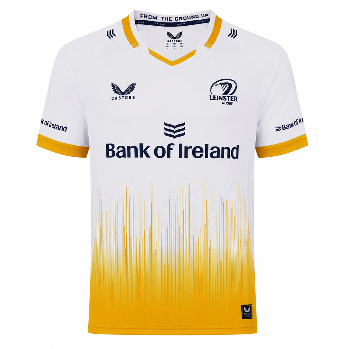 The Leinster 25/26 Away Replica Shirt by Castore features a white and yellow gradient design, sponsor logos, and the team crest—ideal for any fan of Leinster Rugby.