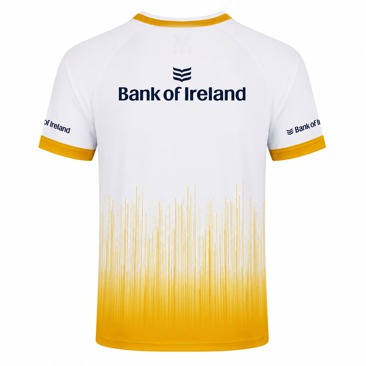 The Leinster 25/26 Away Replica Shirt by Castore features yellow sleeve trim, gradient yellow vertical lines at the bottom, and "Bank of Ireland" logos on the back and sleeves—a stylish rugby jersey for Leinster fans.