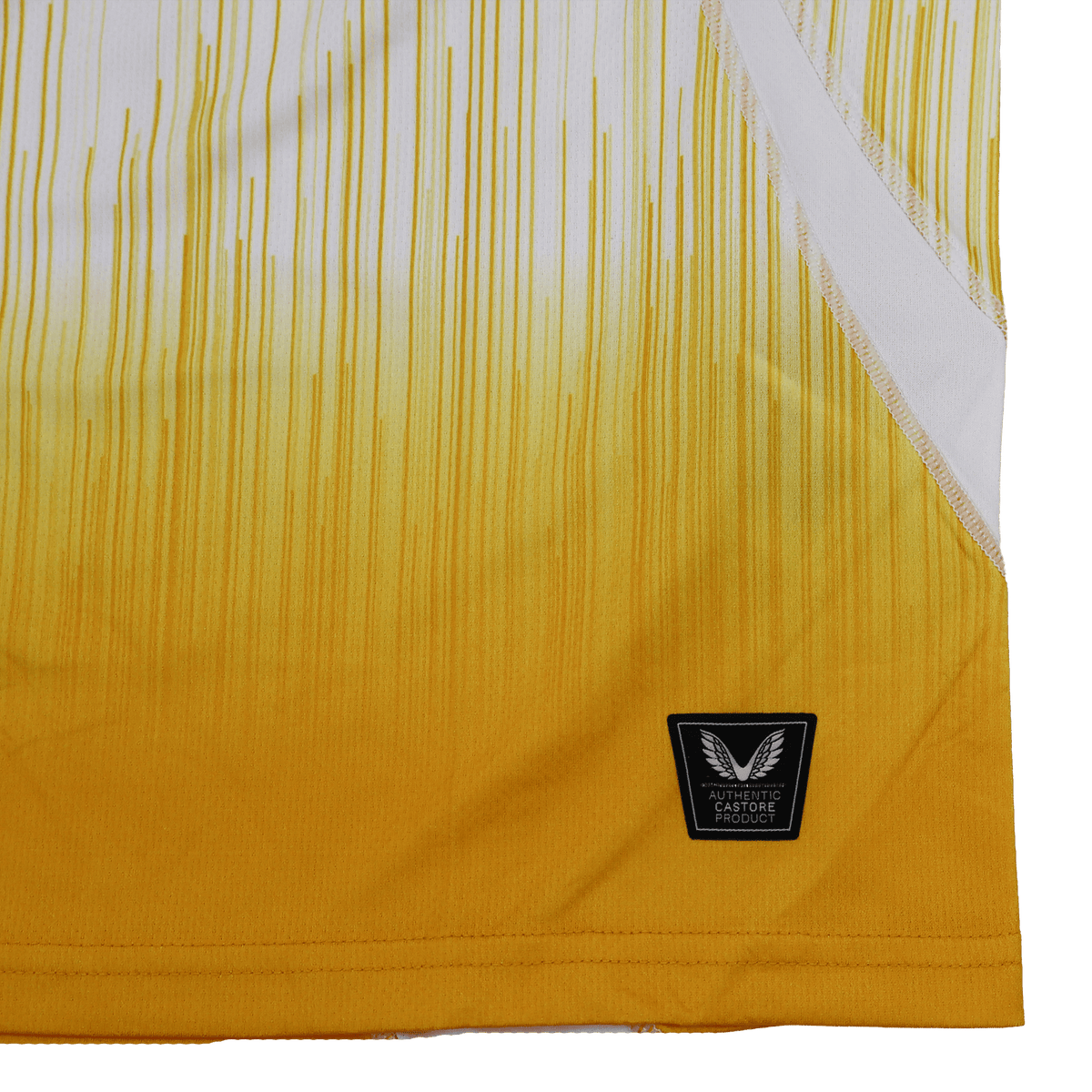 Close-up of the Leinster 25/26 Away Replica Shirt by Castore, showcasing yellow and white vertical gradient stripes and an "Authentic Castore Product" label near the hem.