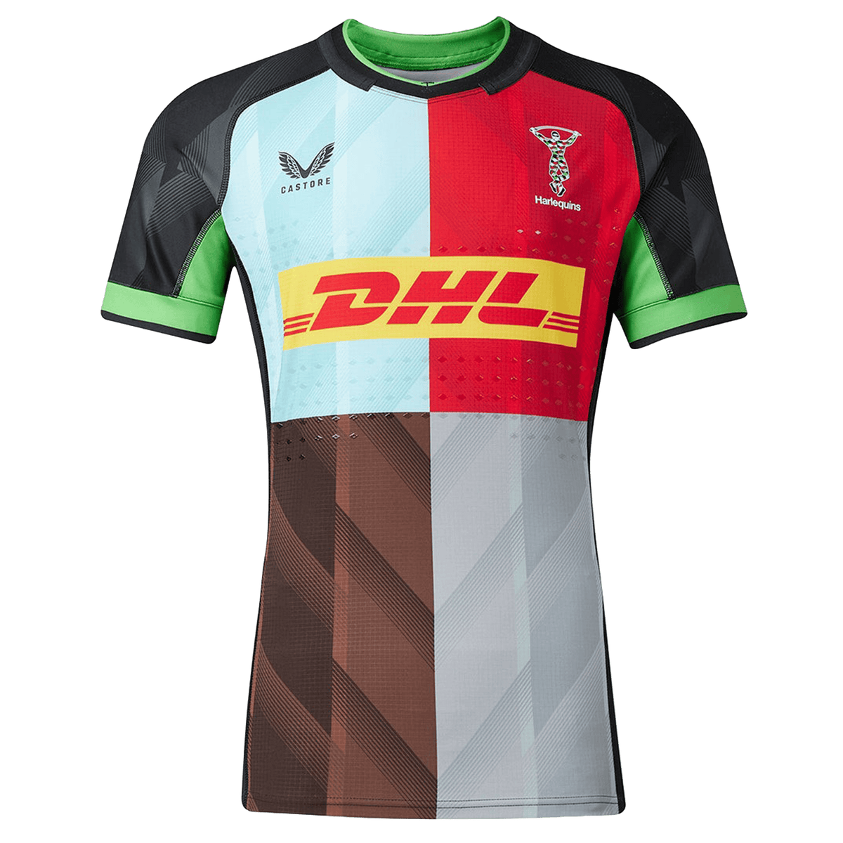 The Harlequins 23/24 Pro Home Jersey by Castore features a quartered black, light blue, burgundy, and grey design with green trim and DHL sponsor logo—ideal for fans and rugby jersey collectors.