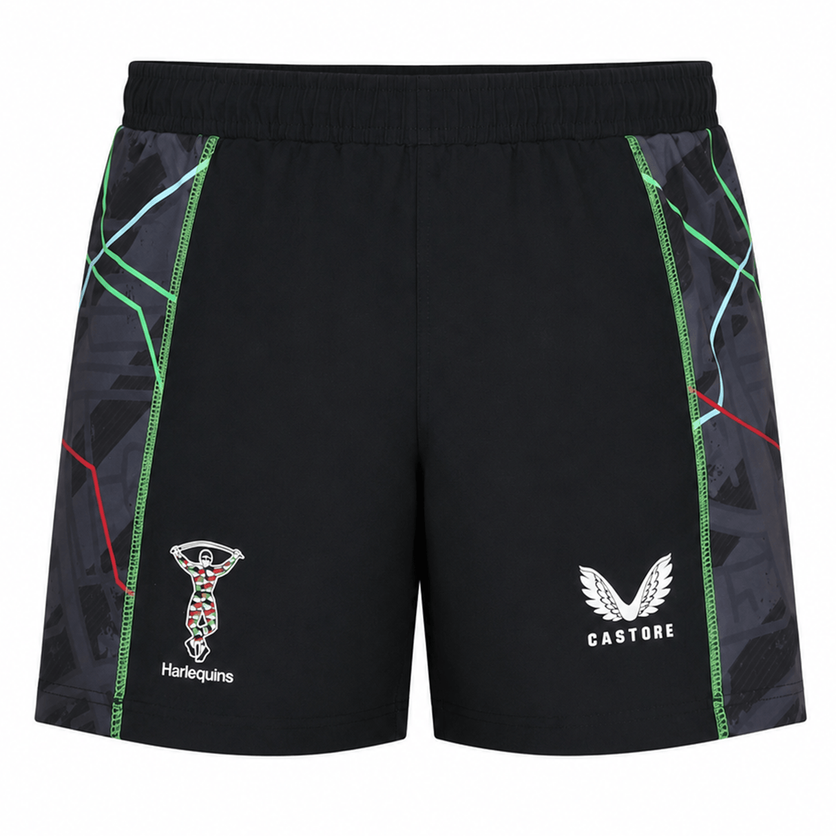 The Harlequins 22/23 3rd Pro Short by Castore features green, red, and blue accents, plus both the Harlequins rugby club and Castore logos on the front—ideal for passionate fans.