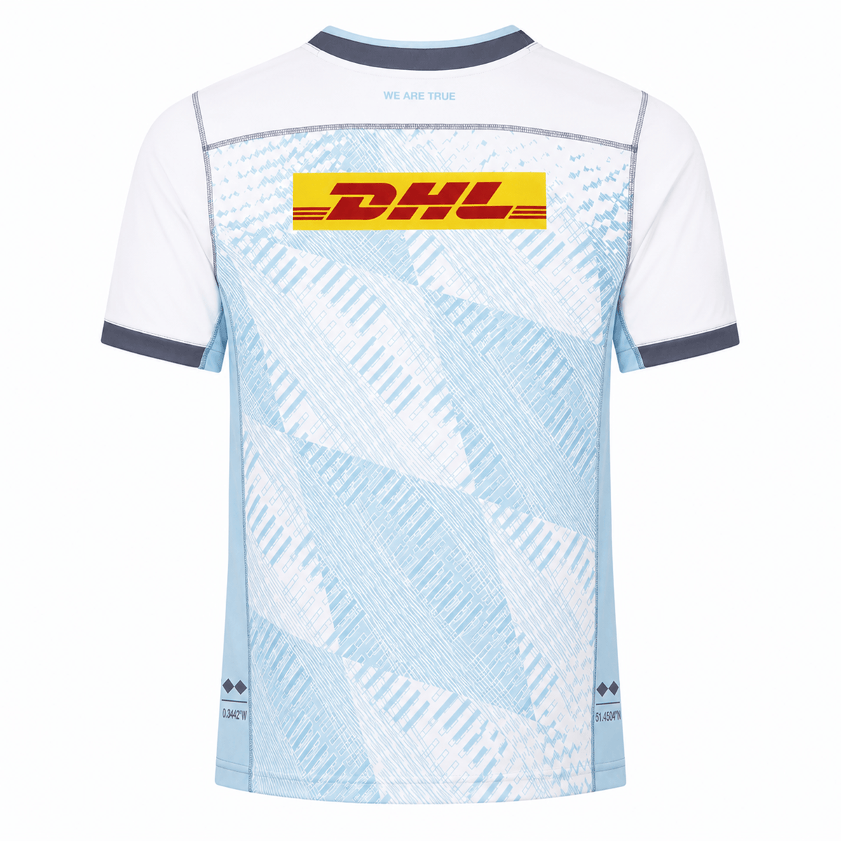 Back view of the Harlequins 22/23 Replica Away Jersey by Castore, a white and light blue rugby jersey with bold geometric patterns on the lower back and a DHL logo on the upper back.