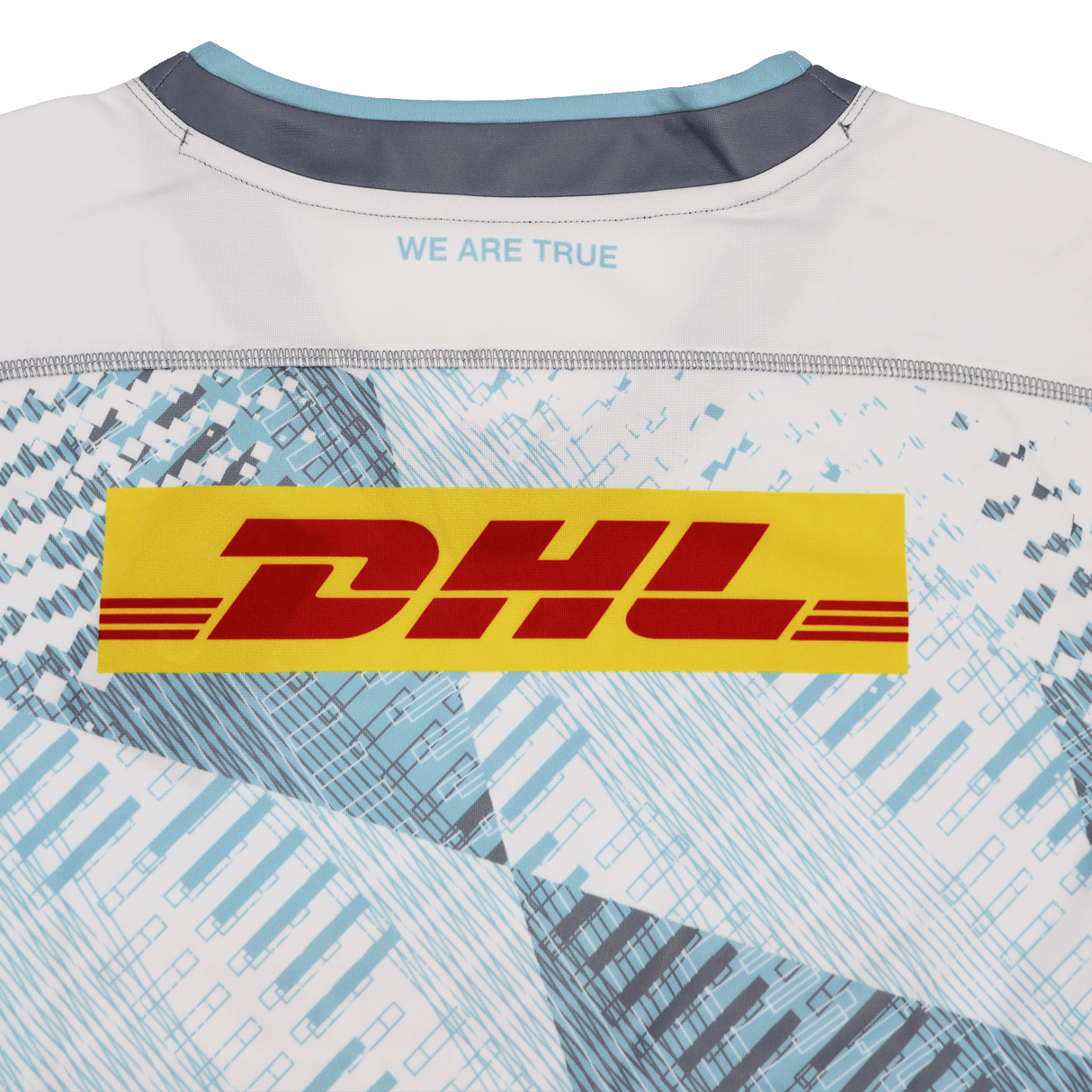 The back of the Castore Harlequins 22/23 Replica Away Jersey displays a DHL sponsor logo and "WE ARE TRUE" near the collar, matching the official design.